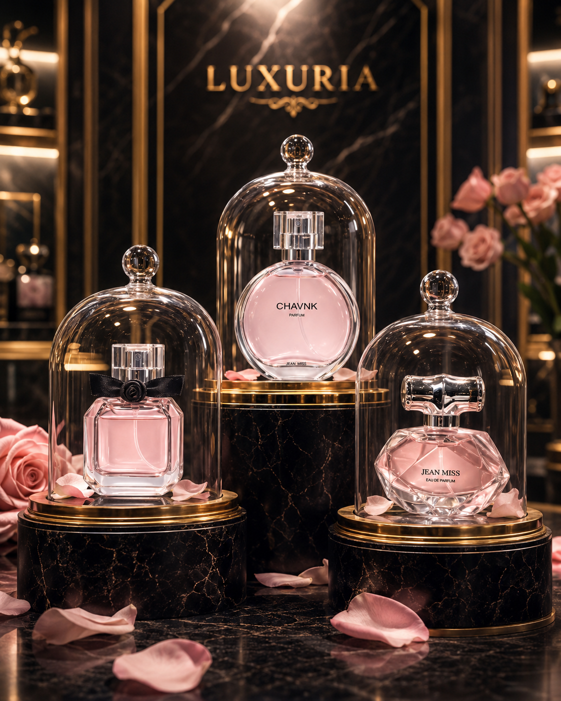 Coffret 3 parfums Luxuria, vue d'ensemble des trois flacons sous cloches