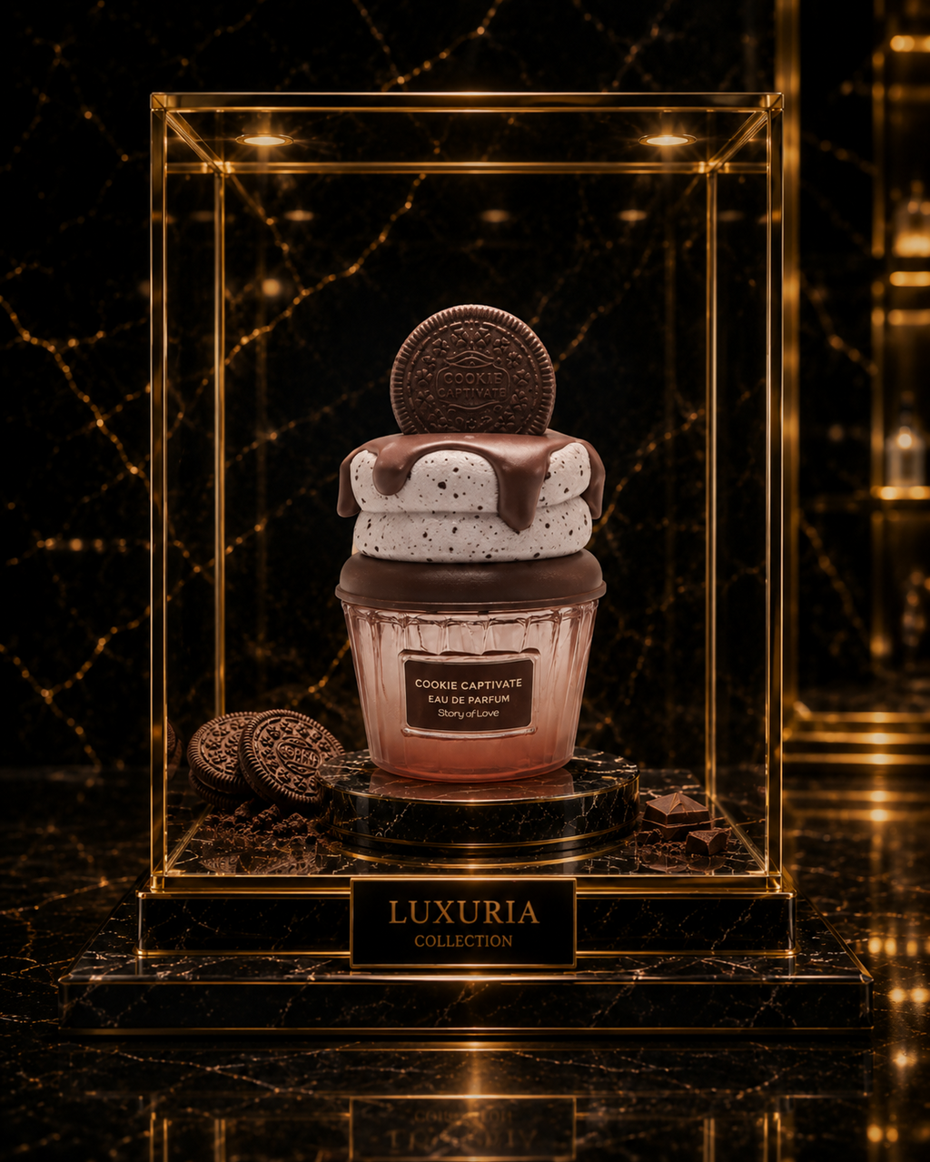 Brume parfumée Cookie doré Luxuria en vitrine