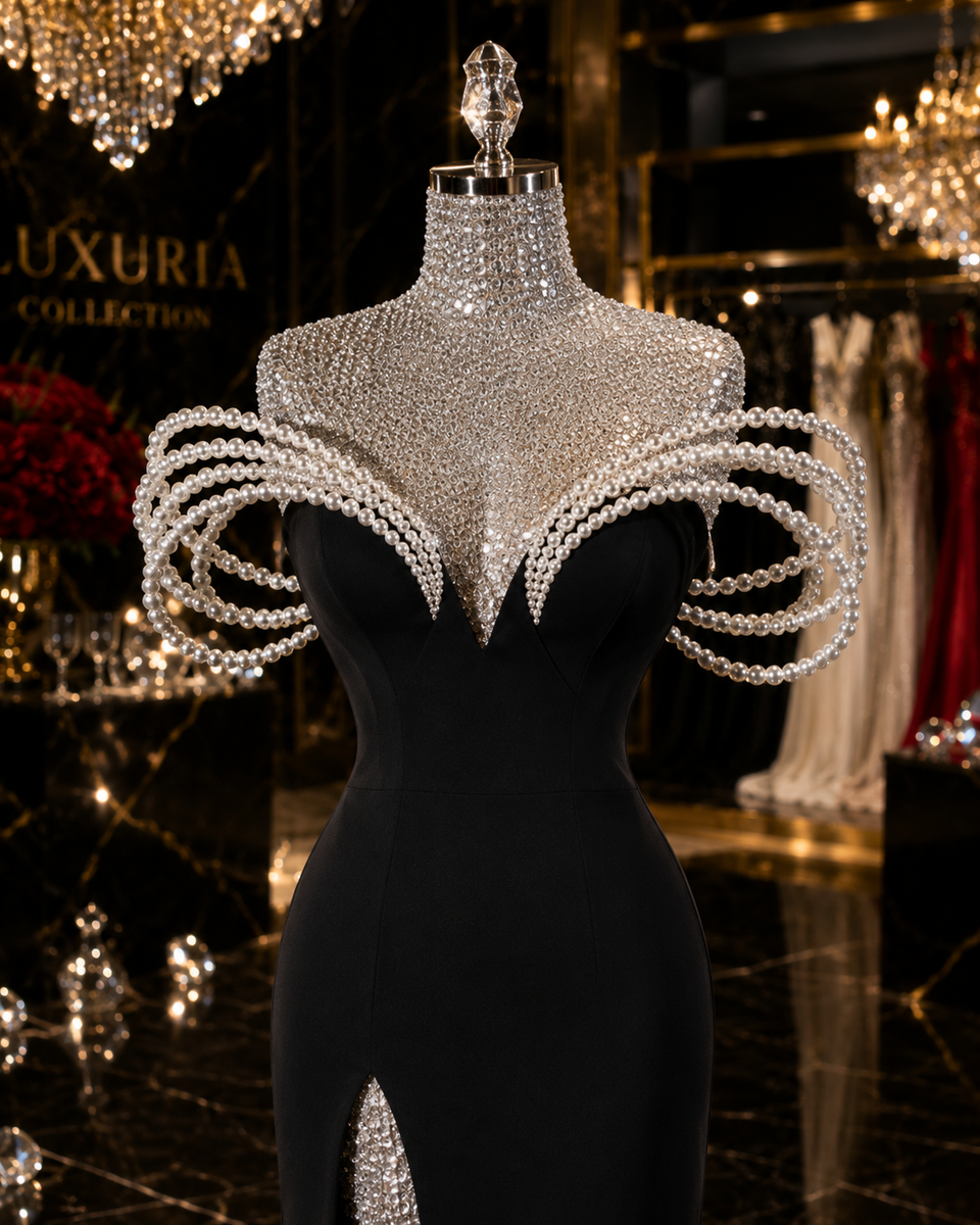 Robe Longue Noire Bandage & Perles — Col V, Style Maxi Soirée
